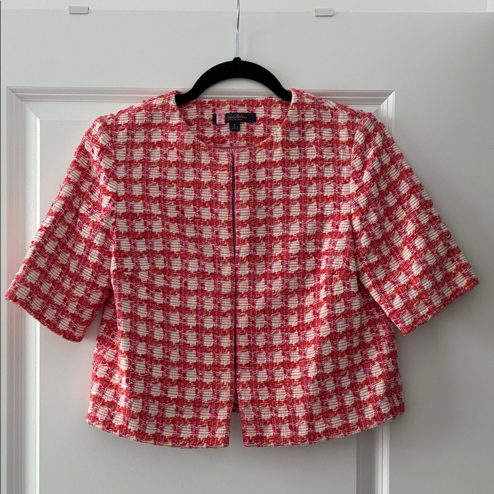 Brooks Brothers Size 2 Short-Sleeve Cropped Tweed Collarless Jacket - Pink/Red